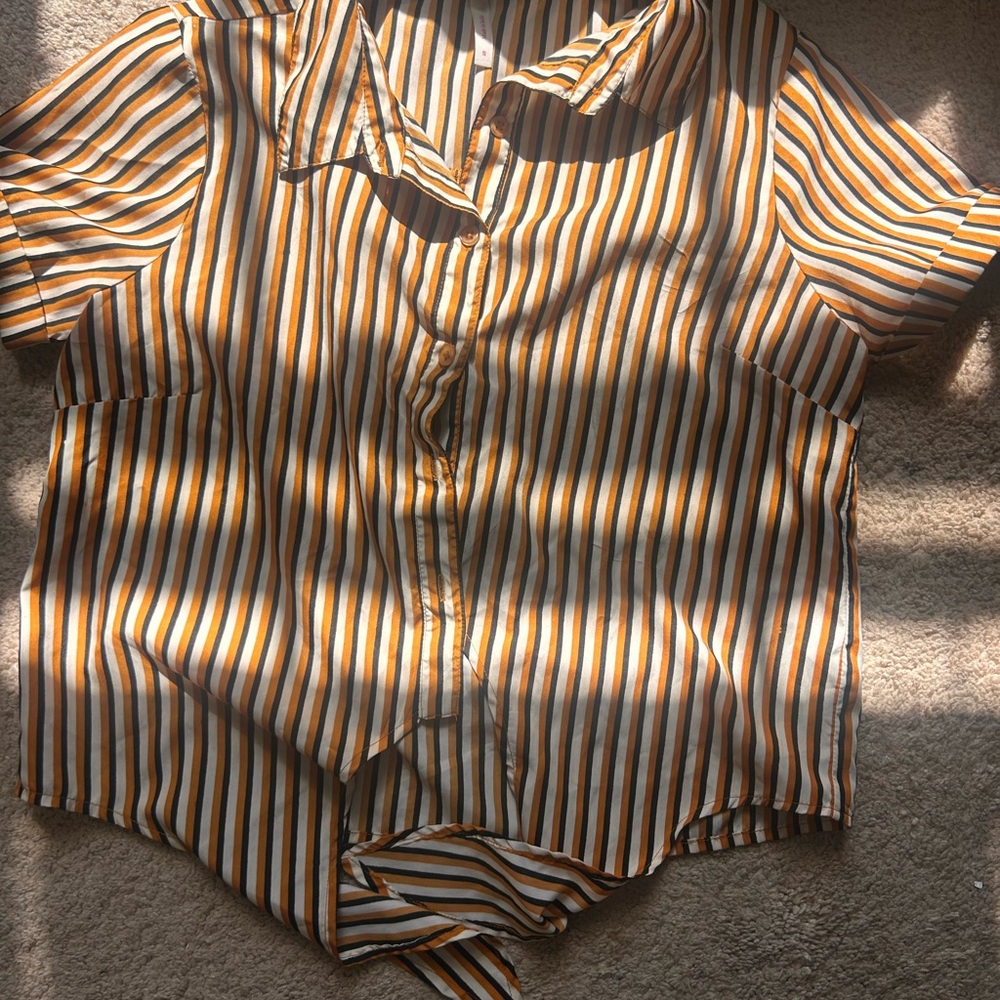 Striped Short-Sleeve Button Front Top in Mustard/White/Black